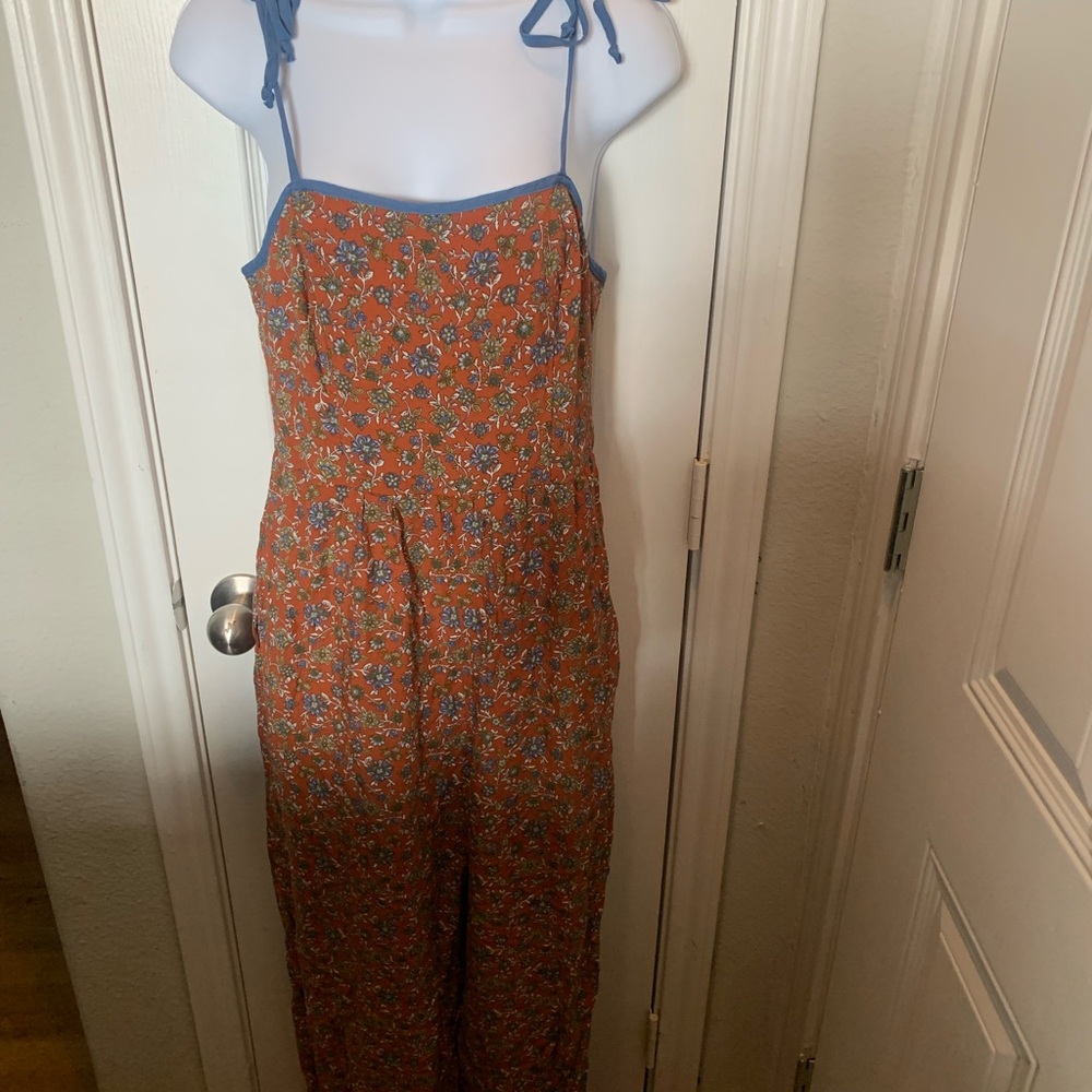 Kohl's Orange Floral Tie-Shoulder Jumpsuit with Blue Trim